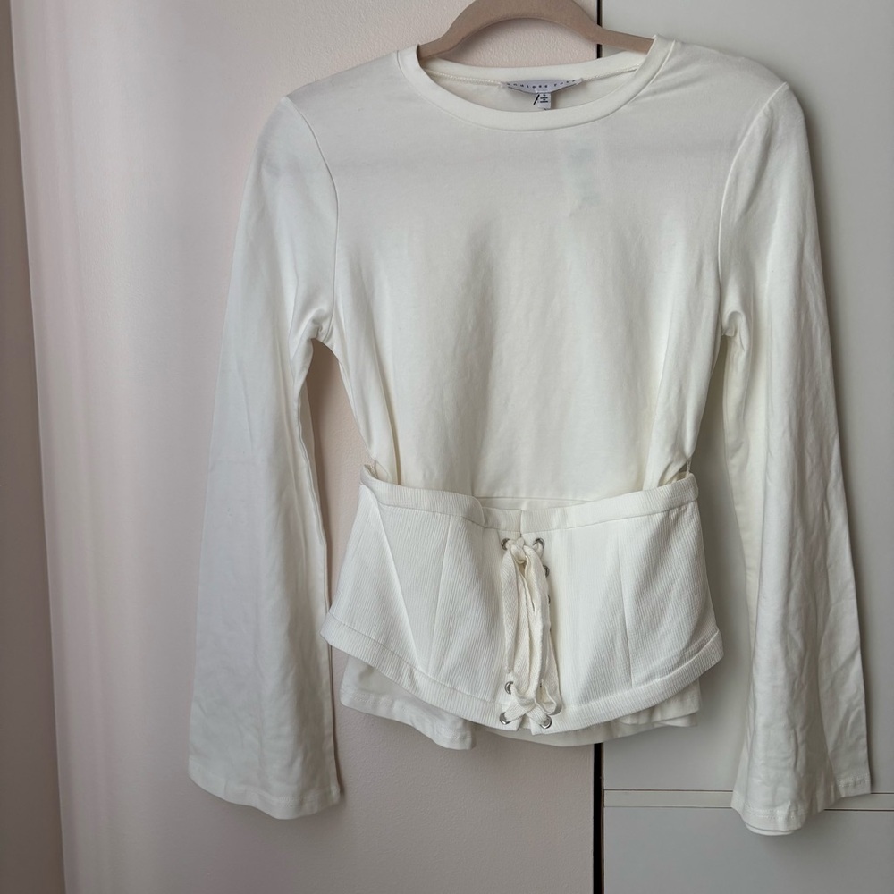 Endless Rose White Corset Belt Long Sleeve Top Size S Lace Up Waist Cinched